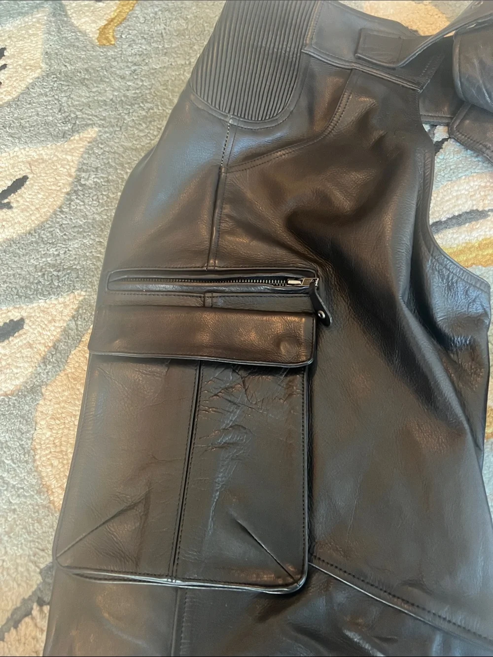 Black Leather Cargo Pants with Ribbed Waist and Belt Detail